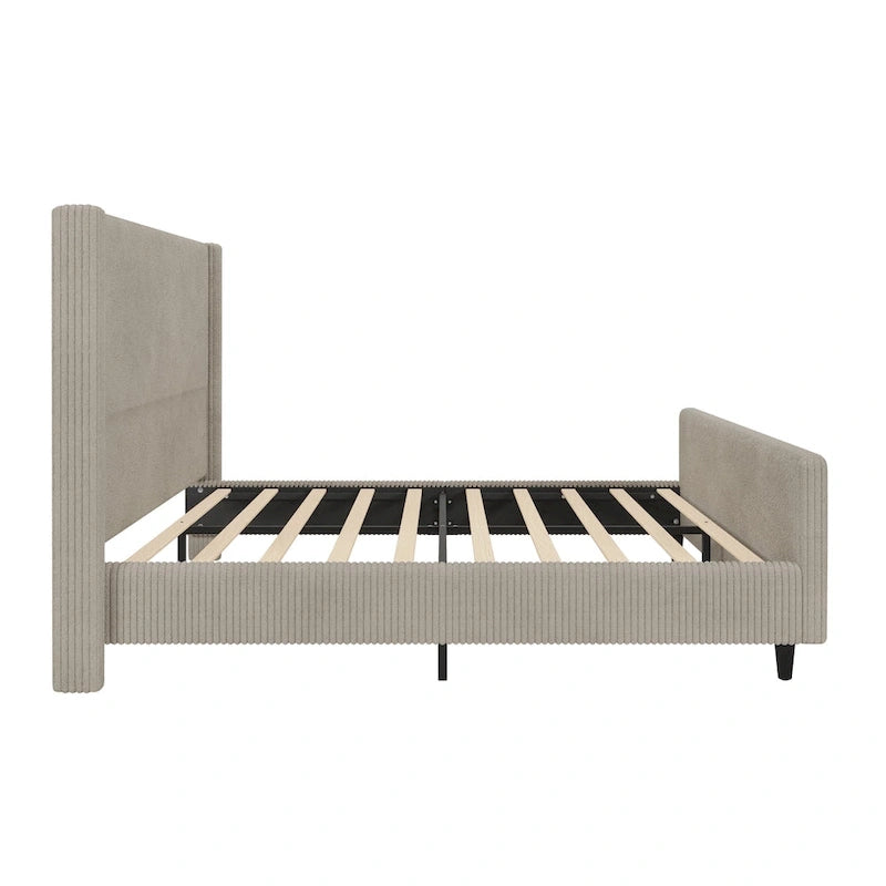 Lit plateforme grand lit en velours côtelé taupe avec tête de lit capitonnée ailée