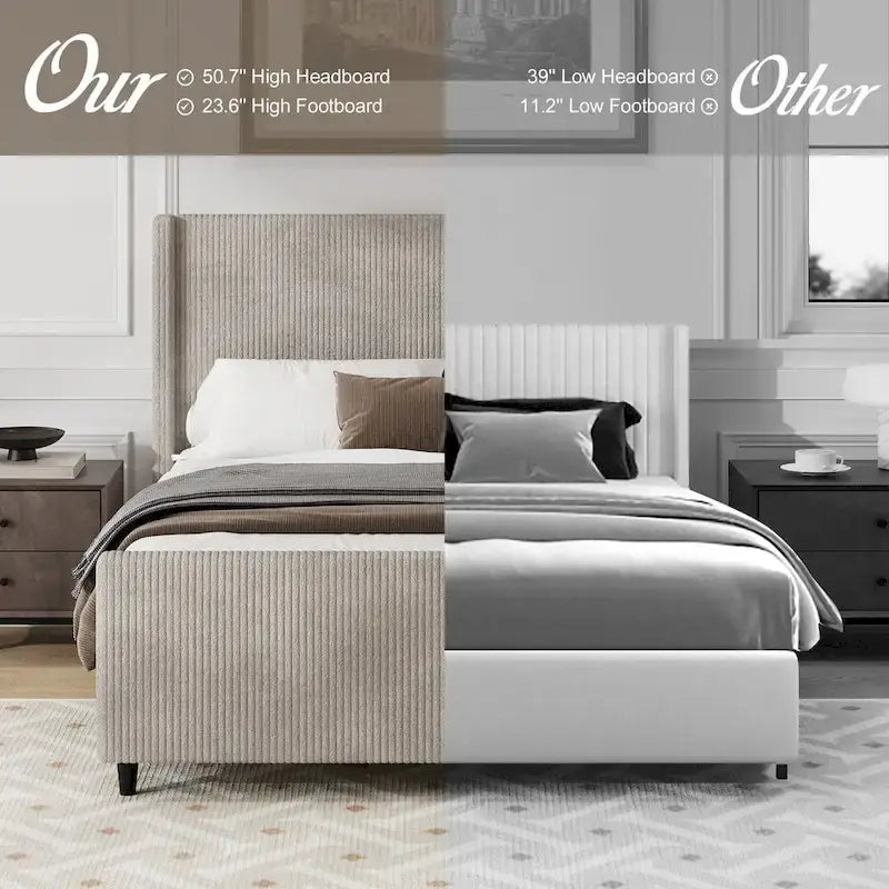 Lit plateforme grand lit en velours côtelé taupe avec tête de lit capitonnée ailée