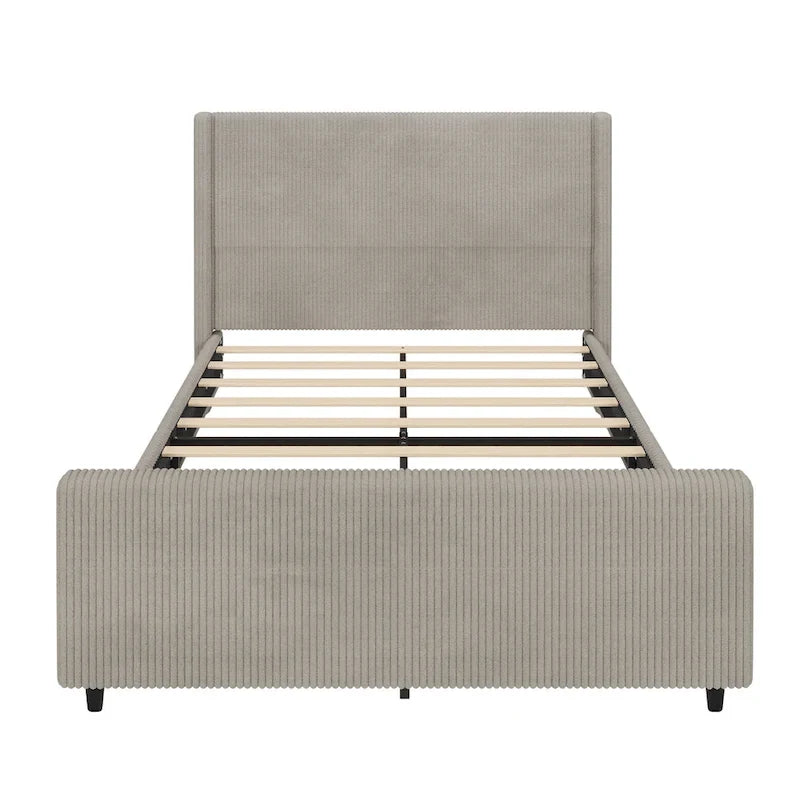 Lit plateforme grand lit en velours côtelé taupe avec tête de lit capitonnée ailée