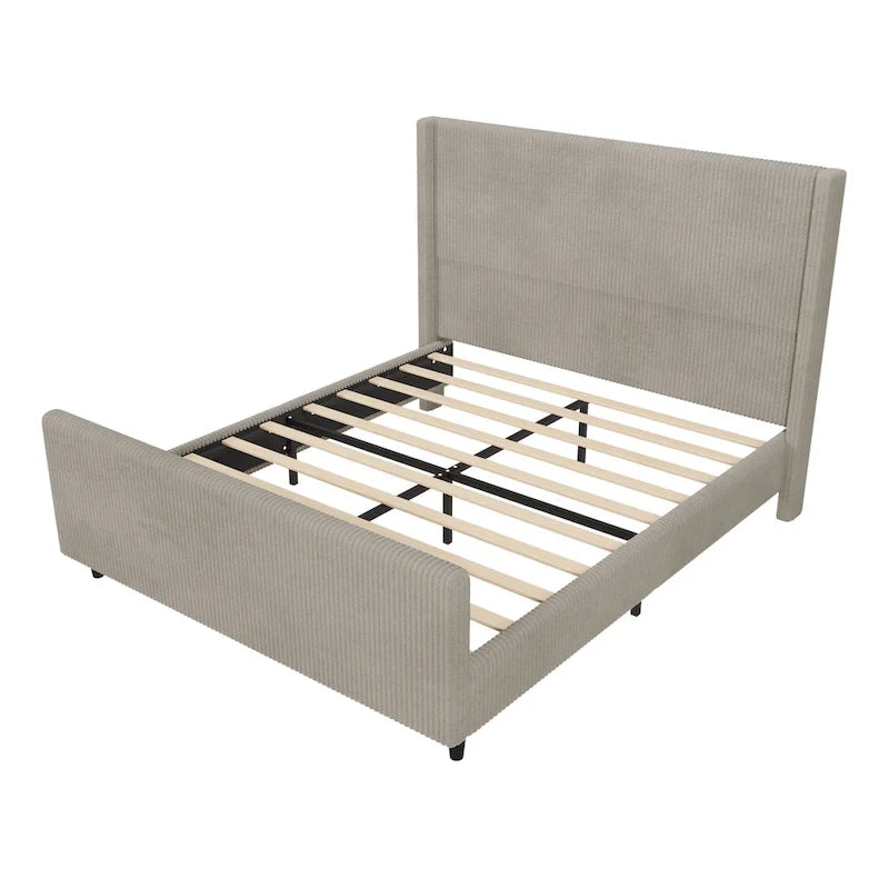Lit plateforme grand lit en velours côtelé taupe avec tête de lit capitonnée ailée