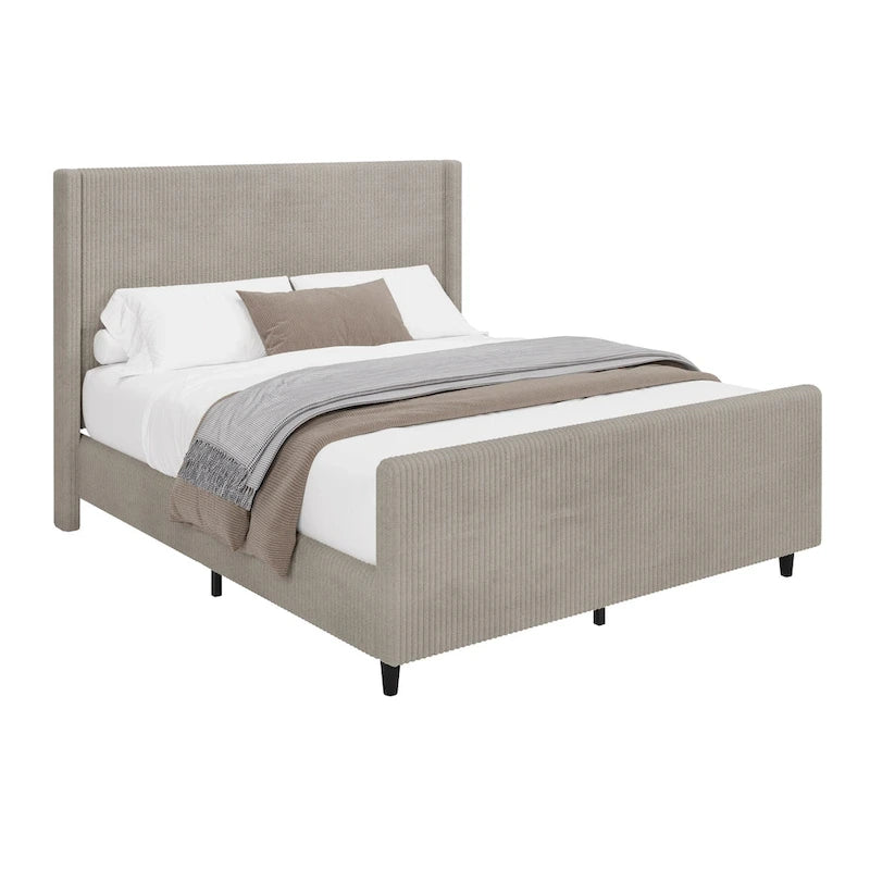 Lit plateforme grand lit en velours côtelé taupe avec tête de lit capitonnée ailée