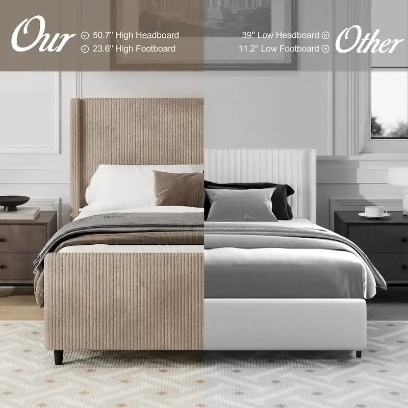 Lit plateforme grand lit en velours côtelé taupe avec tête de lit capitonnée ailée