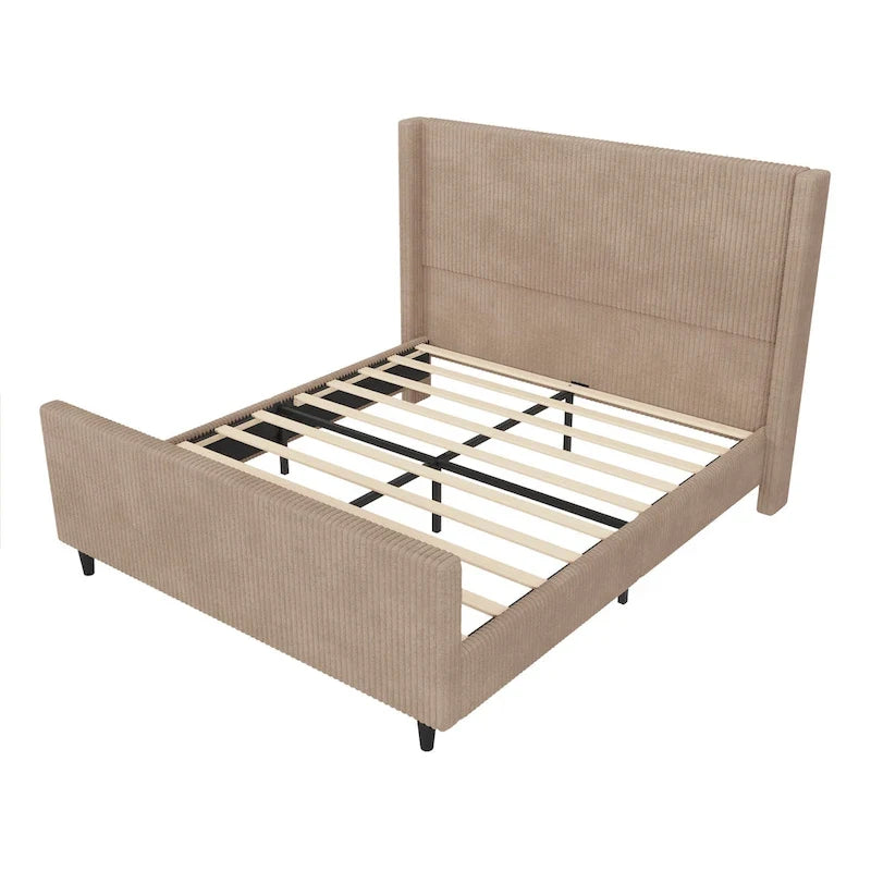 Lit plateforme grand lit en velours côtelé taupe avec tête de lit capitonnée ailée