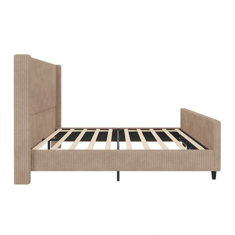 Lit plateforme grand lit en velours côtelé taupe avec tête de lit capitonnée ailée