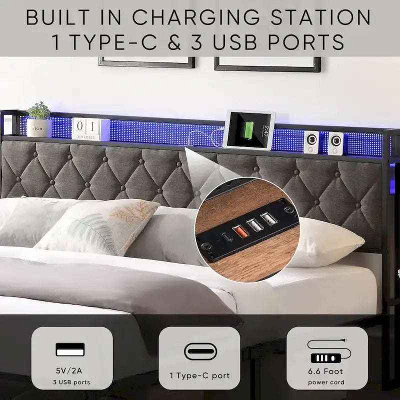 Cadre de lit King tapissé avec tête de lit de rangement, station de recharge et lumières LED