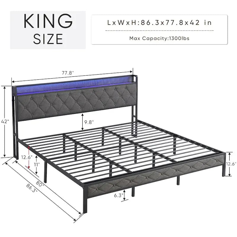 Cadre de lit King tapissé avec tête de lit de rangement, station de recharge et lumières LED