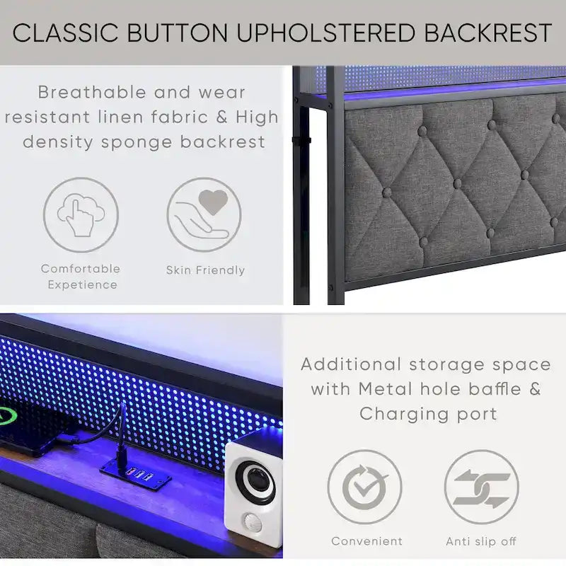 Cadre de lit King tapissé avec tête de lit de rangement, station de recharge et lumières LED
