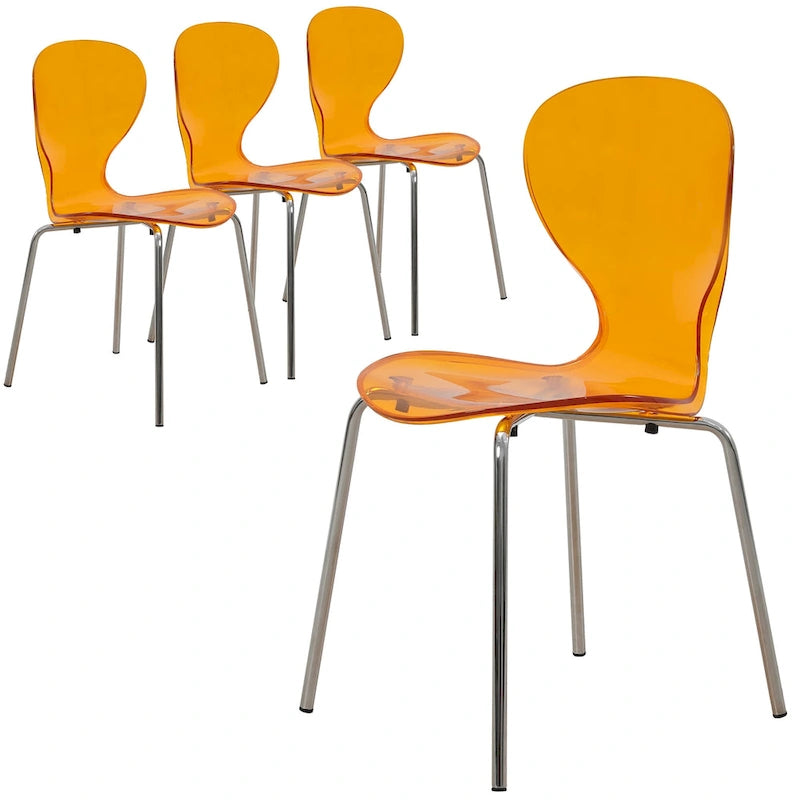 Chaise de salle à manger empilable en plastique avec pieds chromés, lot de 4 chaises d'appoint transparentes pour l'intérieur et l'extérieur