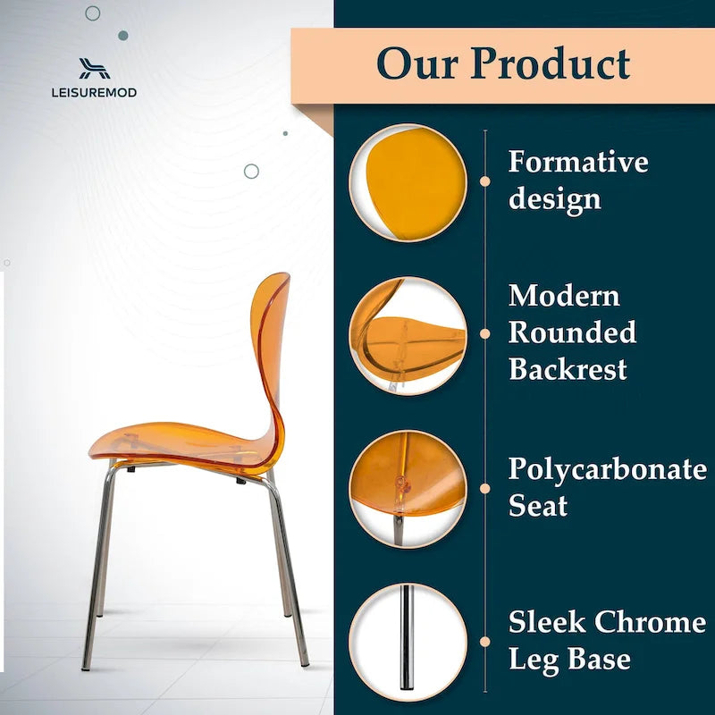 Chaise de salle à manger empilable en plastique avec pieds chromés, lot de 4 chaises d'appoint transparentes pour l'intérieur et l'extérieur