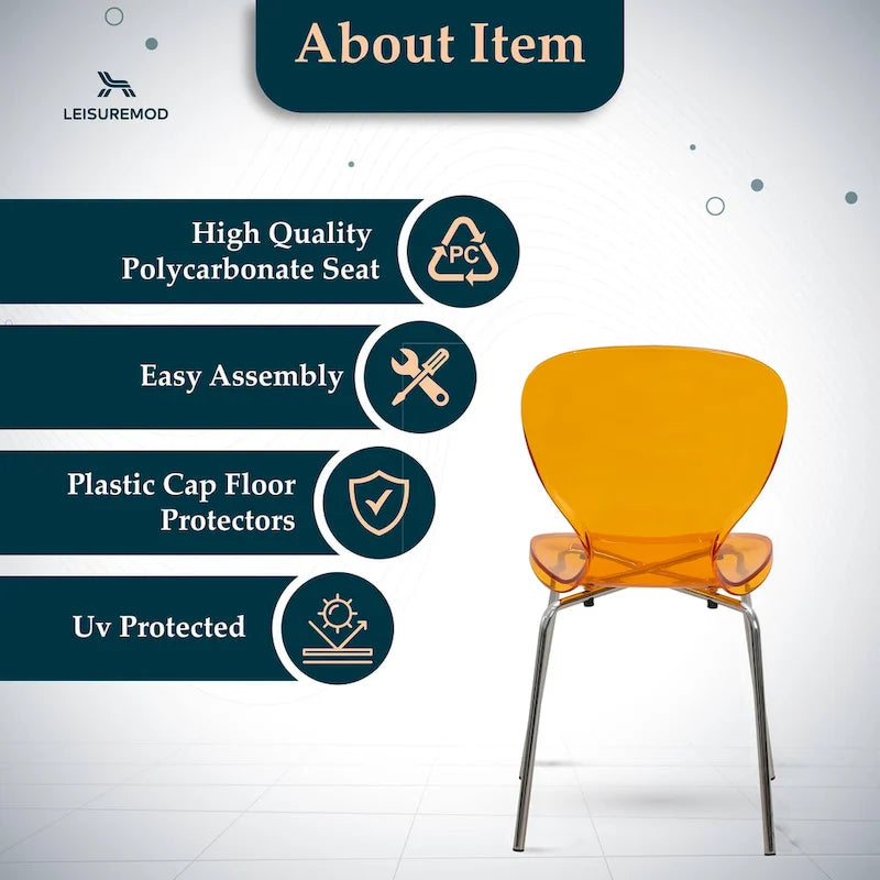 Chaise de salle à manger empilable en plastique avec pieds chromés, lot de 4 chaises d'appoint transparentes pour l'intérieur et l'extérieur