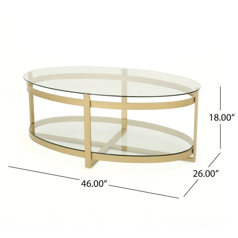 Table basse ovale moderne en verre trempé avec piètement en fer forgé.