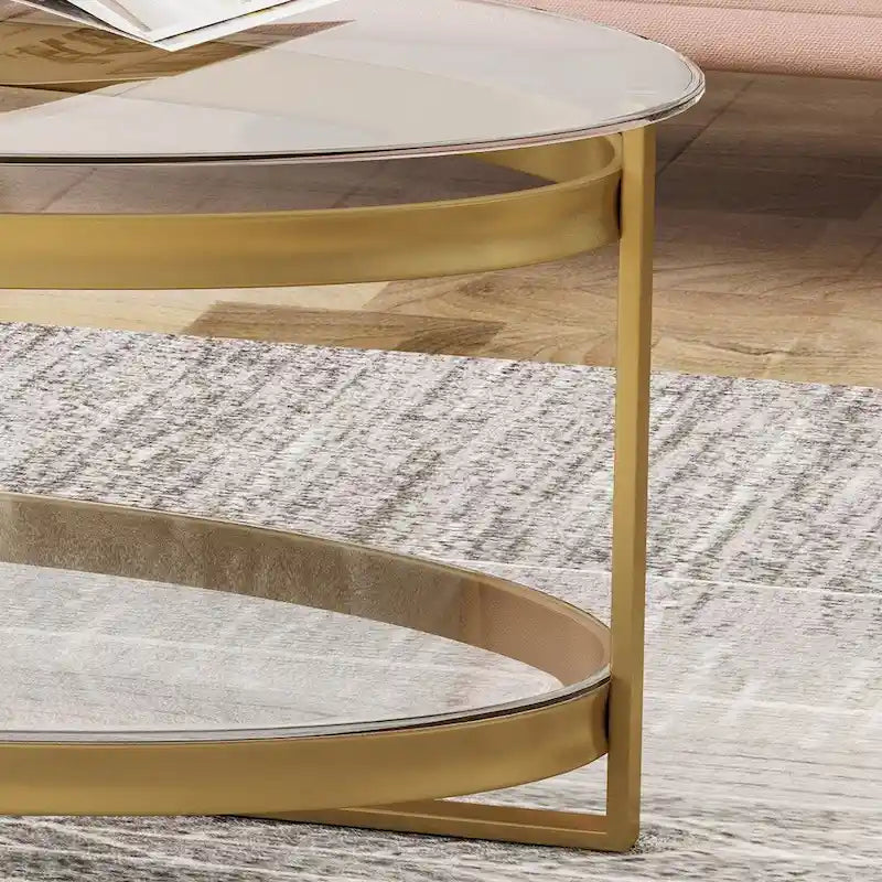 Table basse ovale moderne en verre trempé avec piètement en fer forgé.