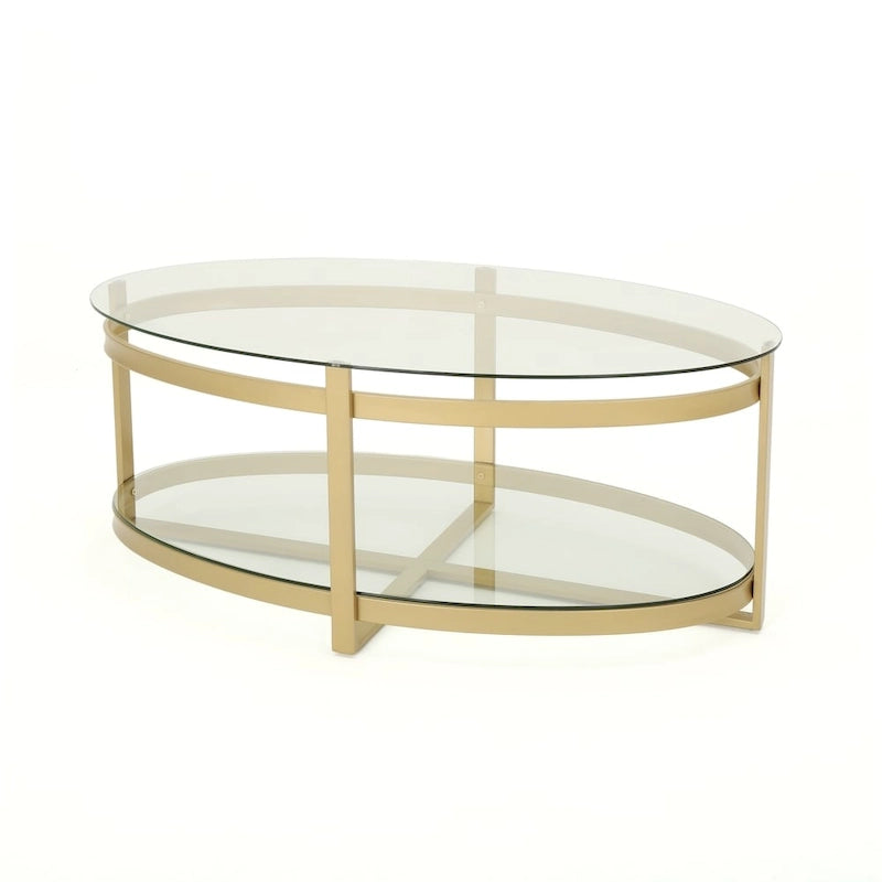 Table basse ovale moderne en verre trempé avec piètement en fer forgé.