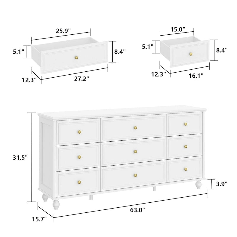 Coiffeuse en bois, commode de chambre à coucher, meuble de rangement, 9 tiroirs