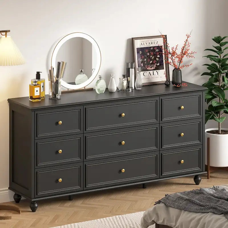Coiffeuse en bois, commode de chambre à coucher, meuble de rangement, 9 tiroirs