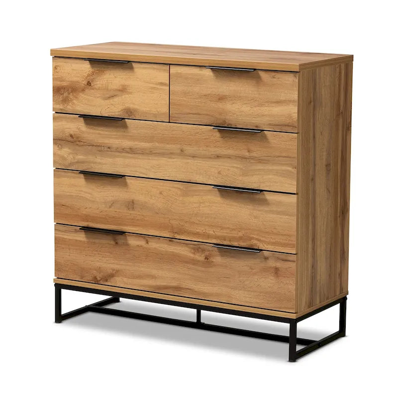 Armoire de chambre à cinq tiroirs en chêne et métal noir
