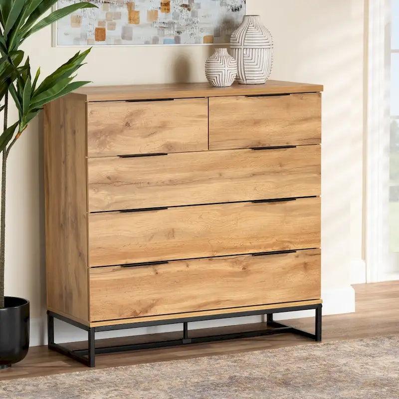 Armoire de chambre à cinq tiroirs en chêne et métal noir