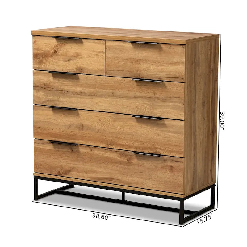 Armoire de chambre à cinq tiroirs en chêne et métal noir