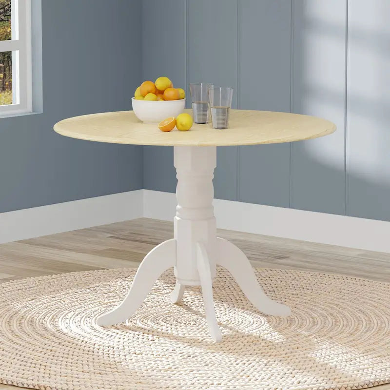 Table à manger 42 avec deux rallonges abattantes et pied central en bois