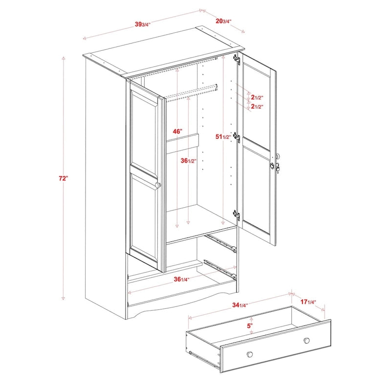 Armoire intelligente 100 % bois massif avec 2 tiroirs et poignées en métal ou en bois.