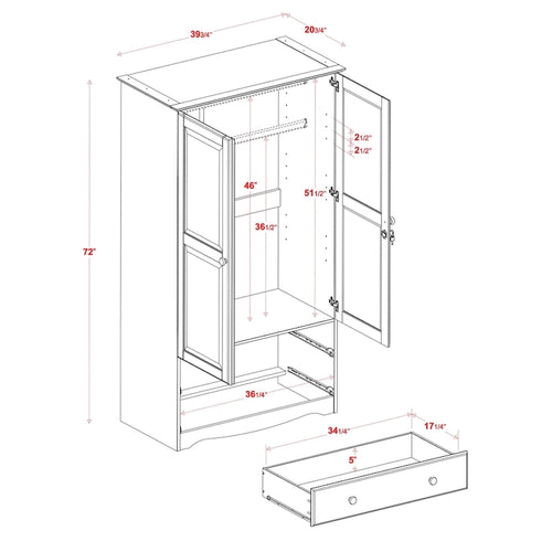 Armoire intelligente 100 % bois massif avec 2 tiroirs et poignées en métal ou en bois.