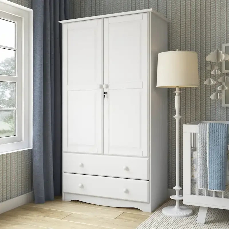 Armoire intelligente 100 % bois massif avec 2 tiroirs et poignées en métal ou en bois.