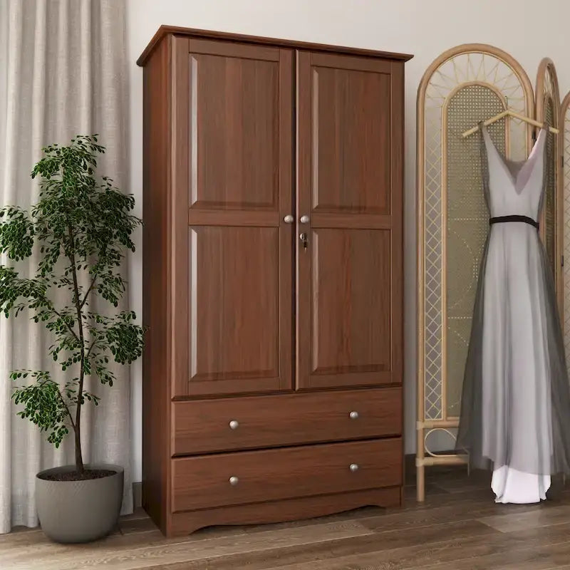 Armoire intelligente 100 % bois massif avec 2 tiroirs et poignées en métal ou en bois.
