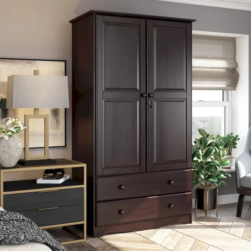 Armoire intelligente 100 % bois massif avec 2 tiroirs et poignées en métal ou en bois.