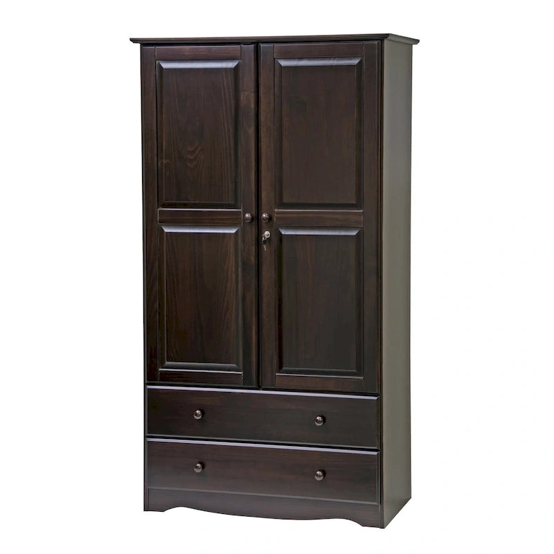 Armoire intelligente 100 % bois massif avec 2 tiroirs et poignées en métal ou en bois.