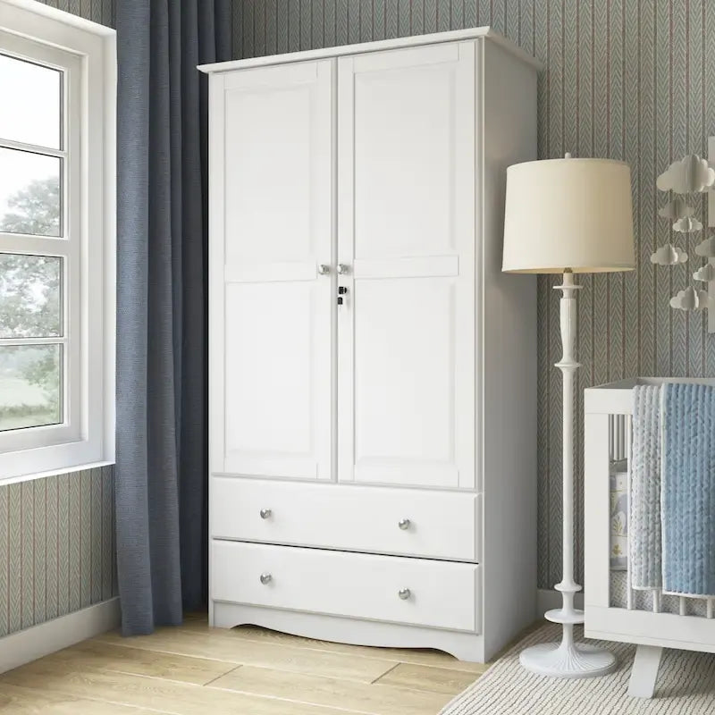 Armoire intelligente 100 % bois massif avec 2 tiroirs et poignées en métal ou en bois.