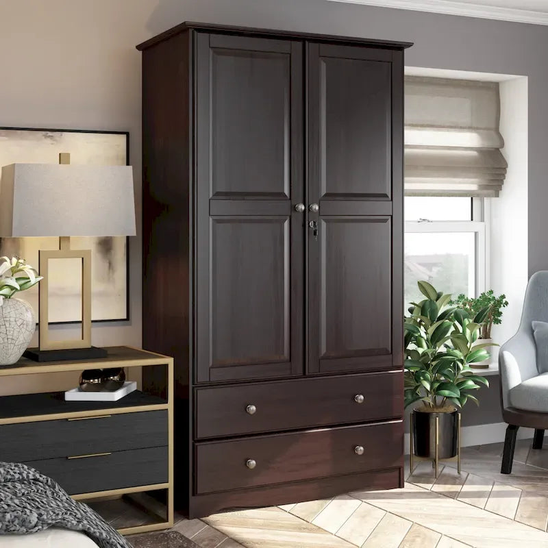 Armoire intelligente 100 % bois massif avec 2 tiroirs et poignées en métal ou en bois.