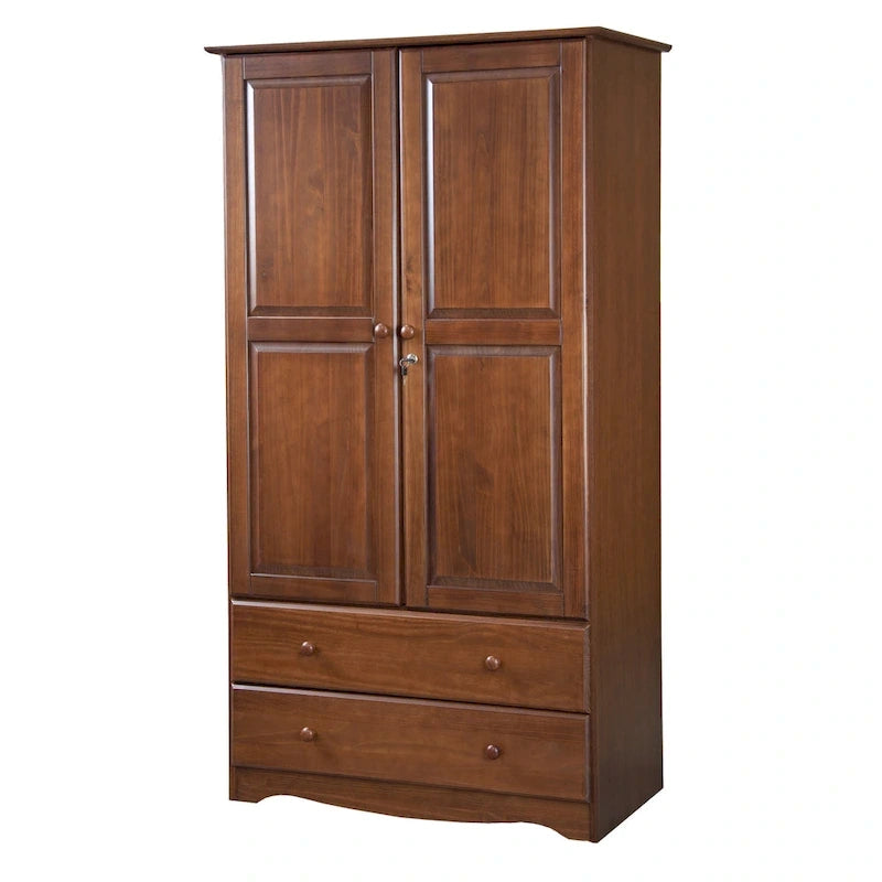 Armoire intelligente 100 % bois massif avec 2 tiroirs et poignées en métal ou en bois.