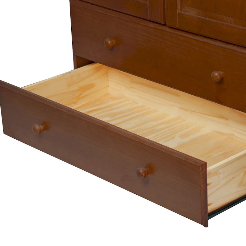 Armoire intelligente 100 % bois massif avec 2 tiroirs et poignées en métal ou en bois.