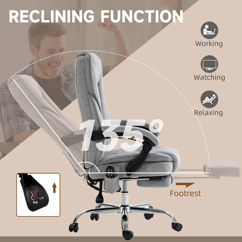 Chaise de bureau massante, 6 points de vibration, fauteuil pivotant, réglable en hauteur et avec repose-pieds, gris