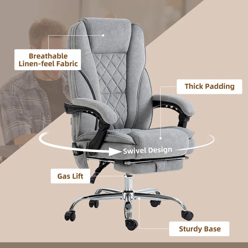 Chaise de bureau massante, 6 points de vibration, fauteuil pivotant, réglable en hauteur et avec repose-pieds, gris