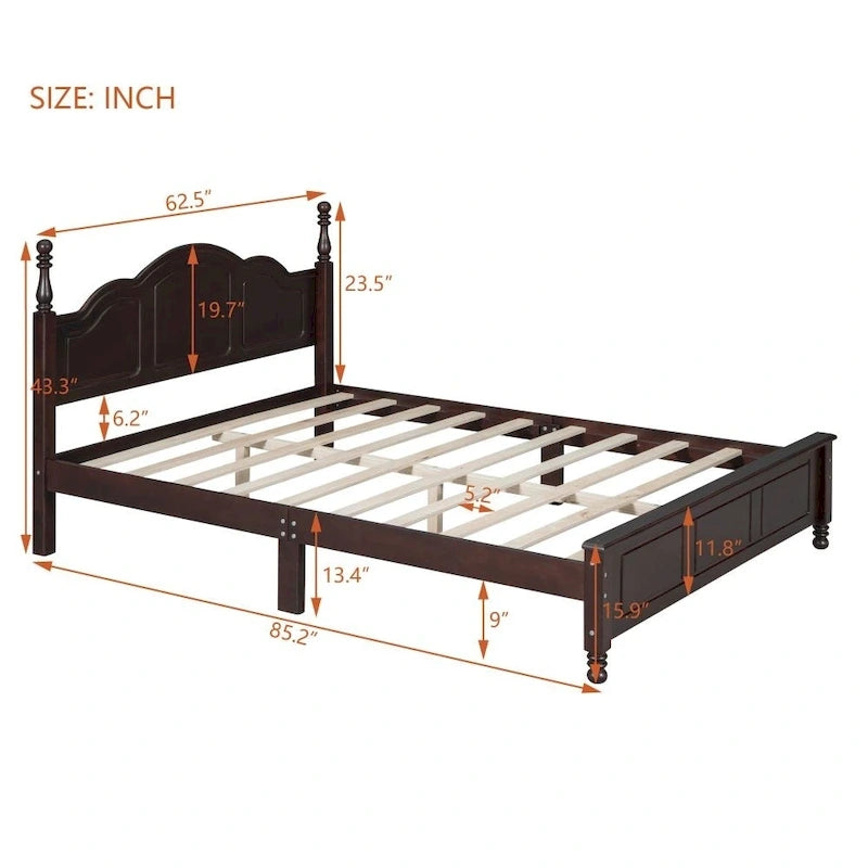 Cadre de lit plateforme en bois Queen Size, lit plateforme style rétro