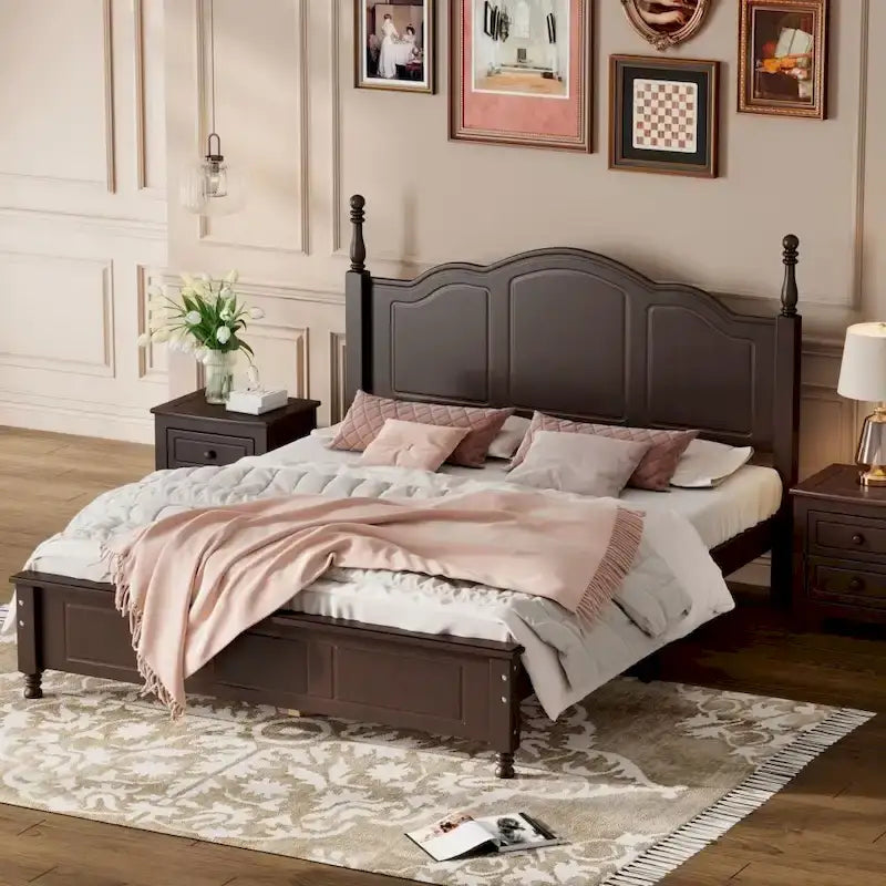Cadre de lit plateforme en bois Queen Size, lit plateforme style rétro