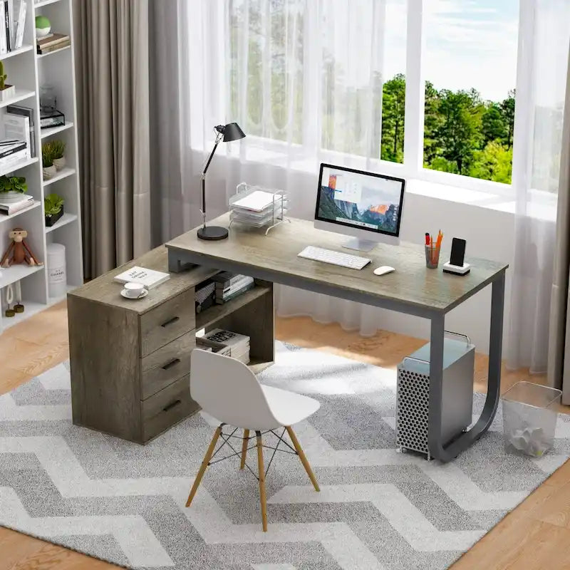 Tables d'ordinateur de bureau de direction en L à 3 tiroirs avec armoire de rangement
