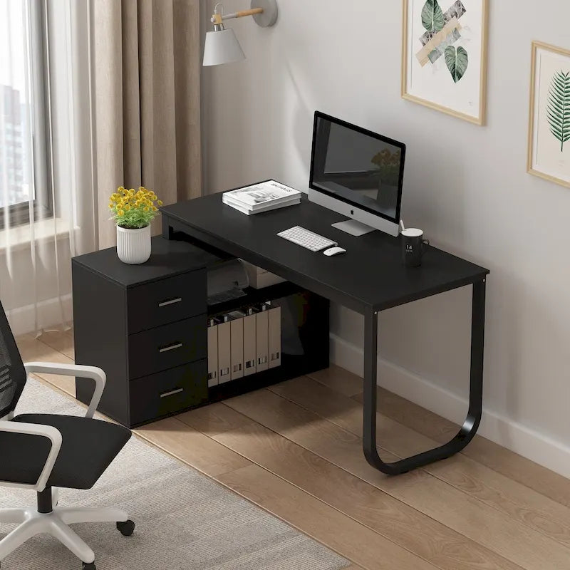 Tables d'ordinateur de bureau de direction en L à 3 tiroirs avec armoire de rangement