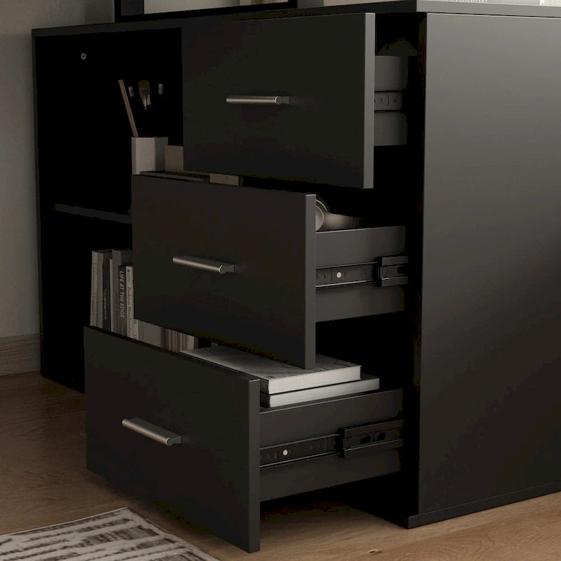 Tables d'ordinateur de bureau de direction en L à 3 tiroirs avec armoire de rangement