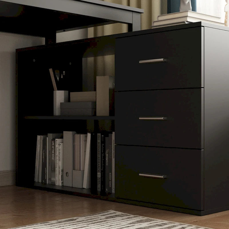 Tables d'ordinateur de bureau de direction en L à 3 tiroirs avec armoire de rangement