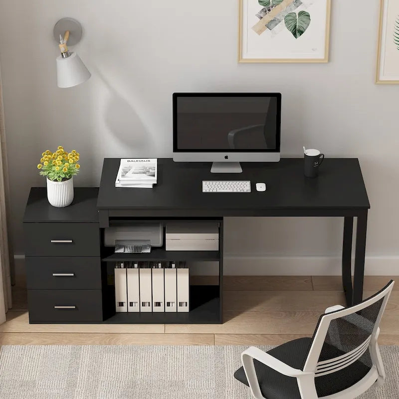 Tables d'ordinateur de bureau de direction en L à 3 tiroirs avec armoire de rangement