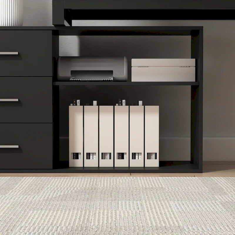 Tables d'ordinateur de bureau de direction en L à 3 tiroirs avec armoire de rangement