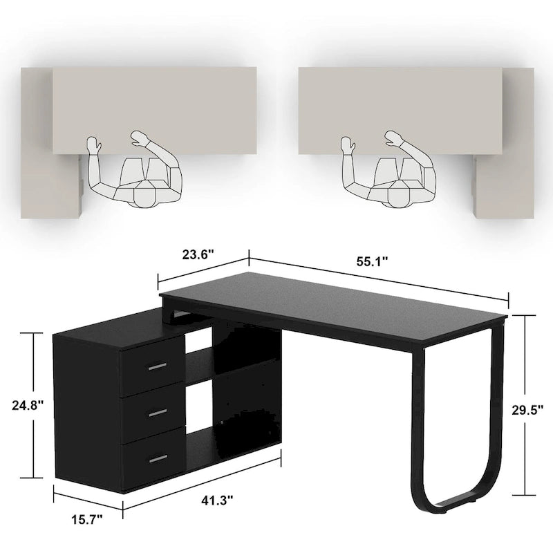 Tables d'ordinateur de bureau de direction en L à 3 tiroirs avec armoire de rangement