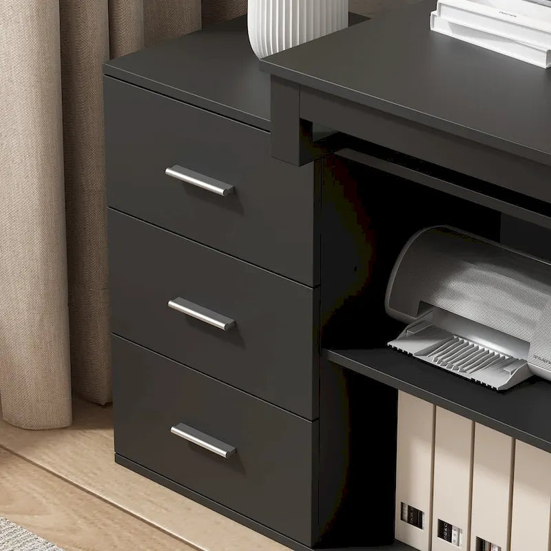 Tables d'ordinateur de bureau de direction en L à 3 tiroirs avec armoire de rangement