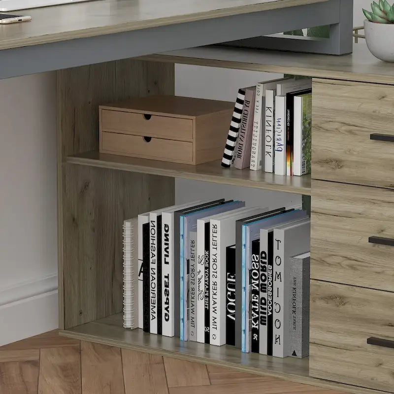 Tables d'ordinateur de bureau de direction en L à 3 tiroirs avec armoire de rangement