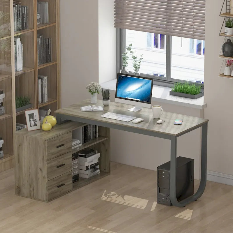 Tables d'ordinateur de bureau de direction en L à 3 tiroirs avec armoire de rangement