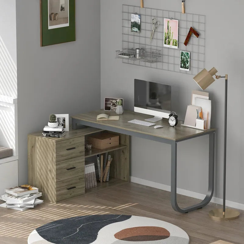 Tables d'ordinateur de bureau de direction en L à 3 tiroirs avec armoire de rangement