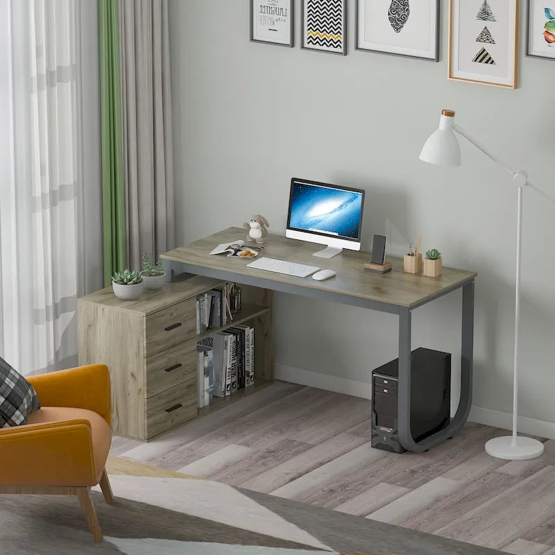 Tables d'ordinateur de bureau de direction en L à 3 tiroirs avec armoire de rangement