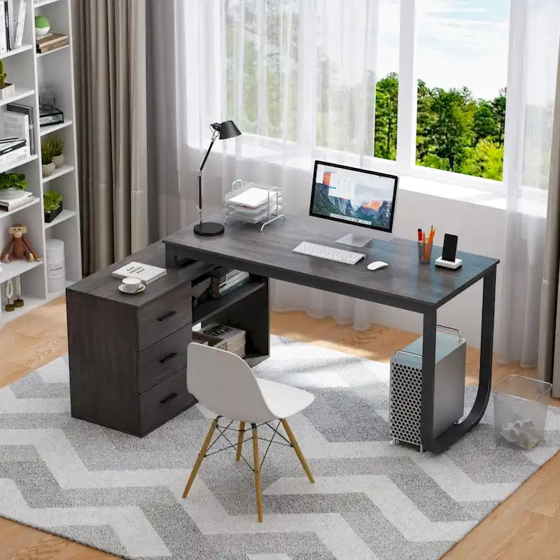 Tables d'ordinateur de bureau de direction en L à 3 tiroirs avec armoire de rangement